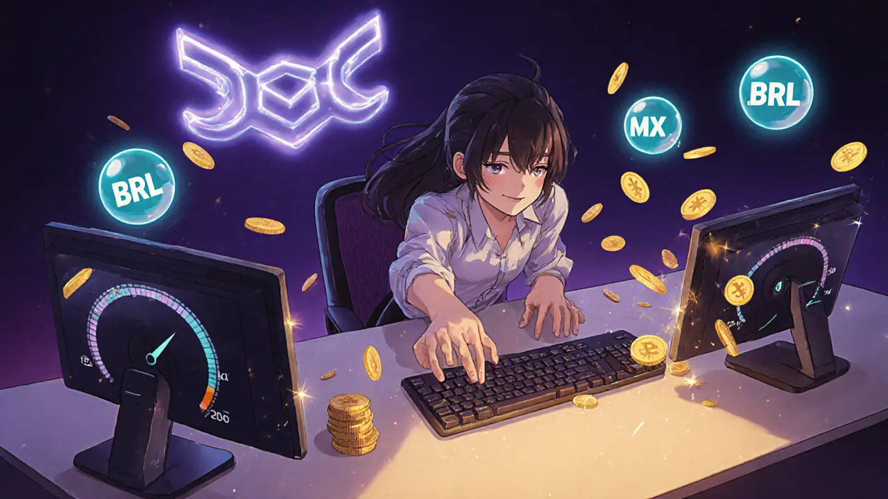 Personnage anime votant sur MEXC, jetons MX brillants et orbes BRKL flottant.