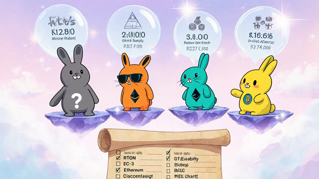 Quatre mascottes anime représentant les tokens rabbit, avec bulles indiquant offre, prix et blockchain.