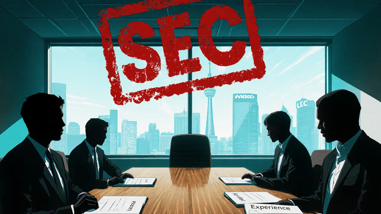 Salle du conseil avec dirigeants en ombre et tampon rouge du SEC dominant la scène.