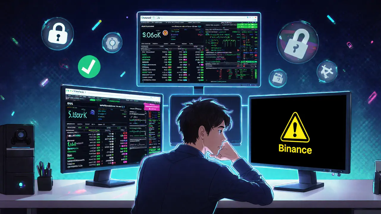 Trader face à trois écrans d’échanges fiables et un écran sombre de Blocktane.