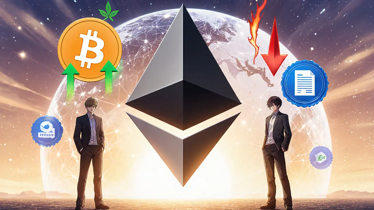 Trois personnages anime illustrant investisseur, développeur et institution avec Ethereum et Bitcoin futuristes.