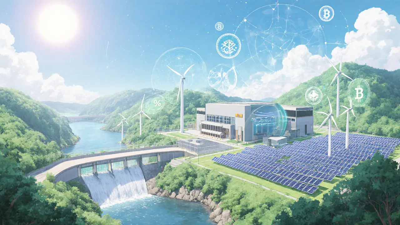  ferme de minage verte intégrant énergie hydro, solaire et symboles ESG.