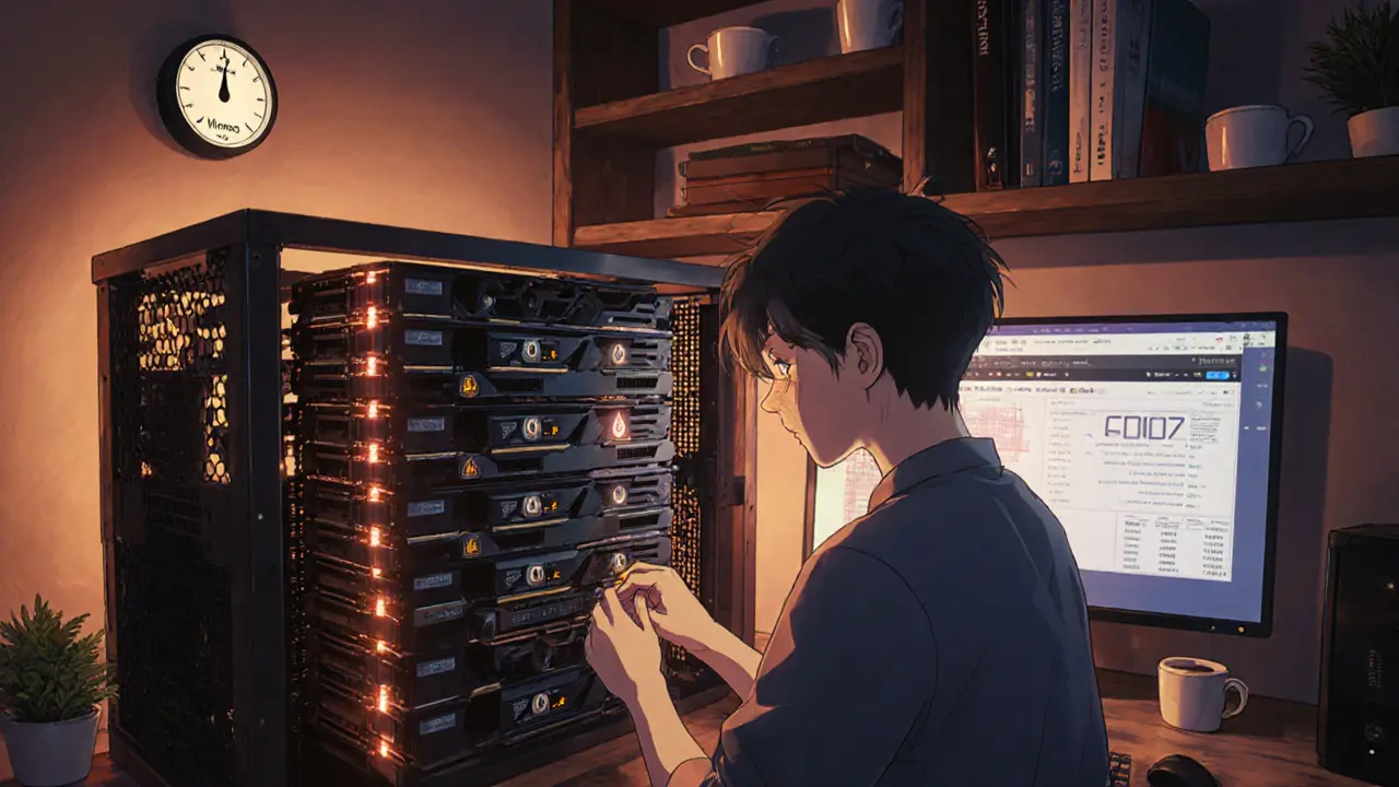  mineur individuel ajustant un rig GPU RTX 3080 dans un bureau domestique.