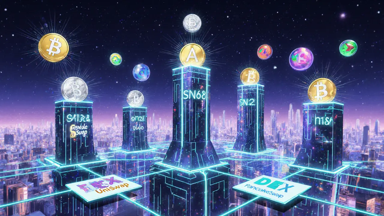 Réseau Bittensor avec tours subnet et tokens TAO, dTAO, alpha, entourés de logos DEX.