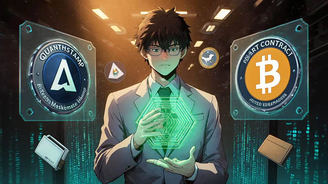 Analyste anime montrant des audits, le token RBC et des icônes de portefeuilles.