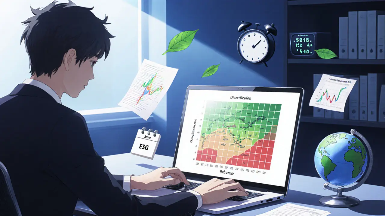 Analyste examinant une matrice de corrélation et un calendrier de rééquilibrage sur un bureau moderne.