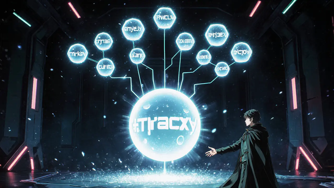 Arbre lumineux montrant la dérivation HD à partir d&#039;une phrase seed, personnage anime guidant la vue.