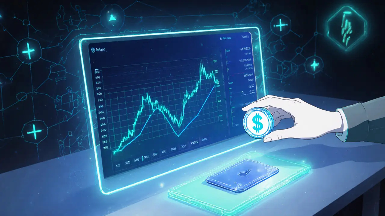 Écran holographique anime montre graphiques techniques autour d&#039;un portefeuille $POOKU.