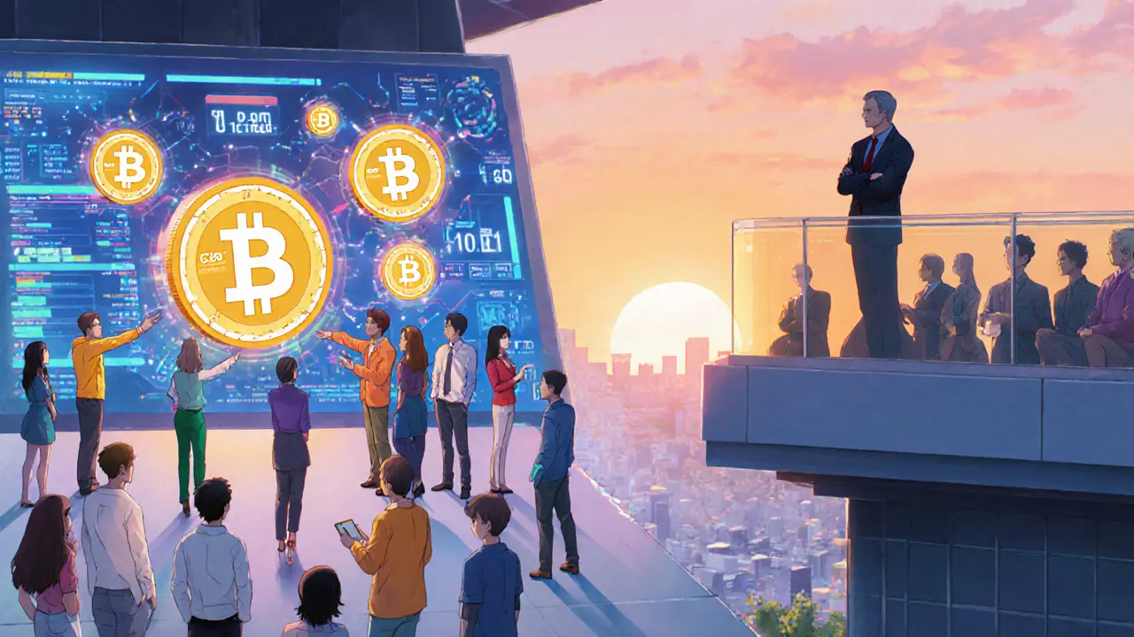 Futuristic hub showing CBDC dashboard, fintech fans, and cautious central bank governor.