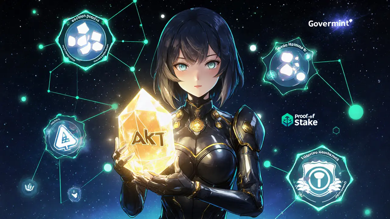 Héroïne anime tenant un cristal AKT entourée d&#039;icônes de staking et blockchain.
