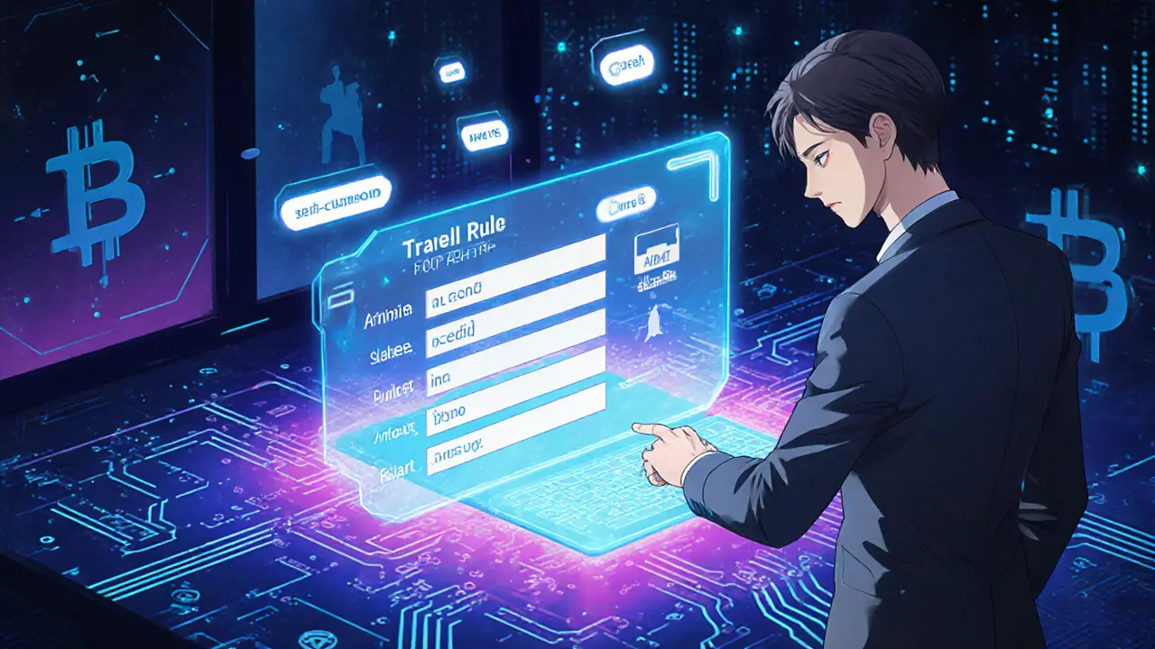 Illustration anime montrant la collecte de données Travel Rule pour une transaction crypto.