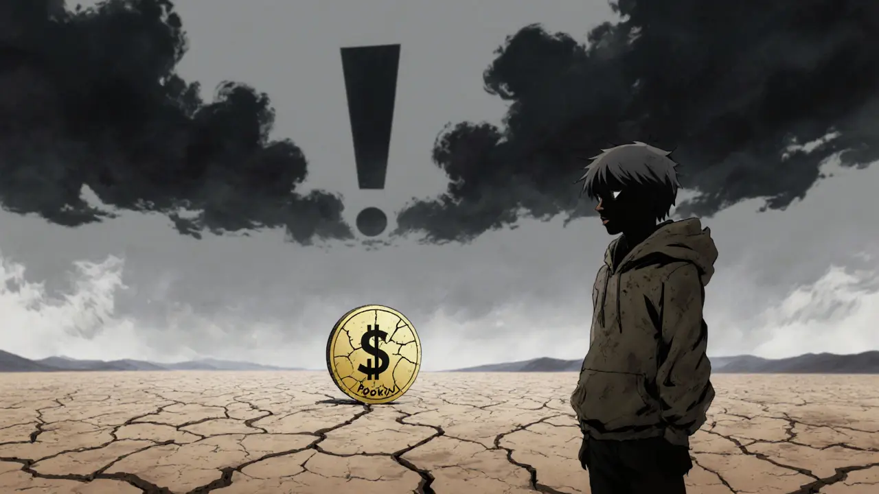 Paysage désertique anime avec une pièce fissurée $POOKU et un trader inquiet sous un ciel sombre.