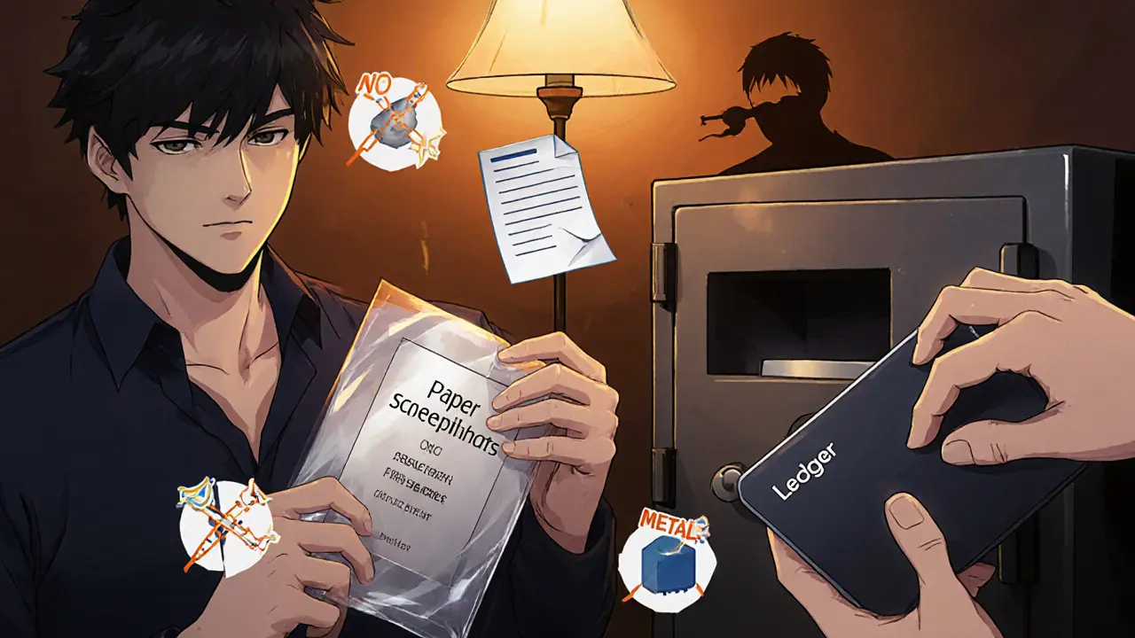 Personnage plaçant une plaque métallique et un Ledger dans un coffre, ambiance sécurisée anime.