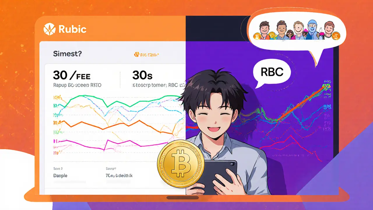 Utilisateur anime effectuant un swap ETH‑BTC rapide avec badge de frais zéro.