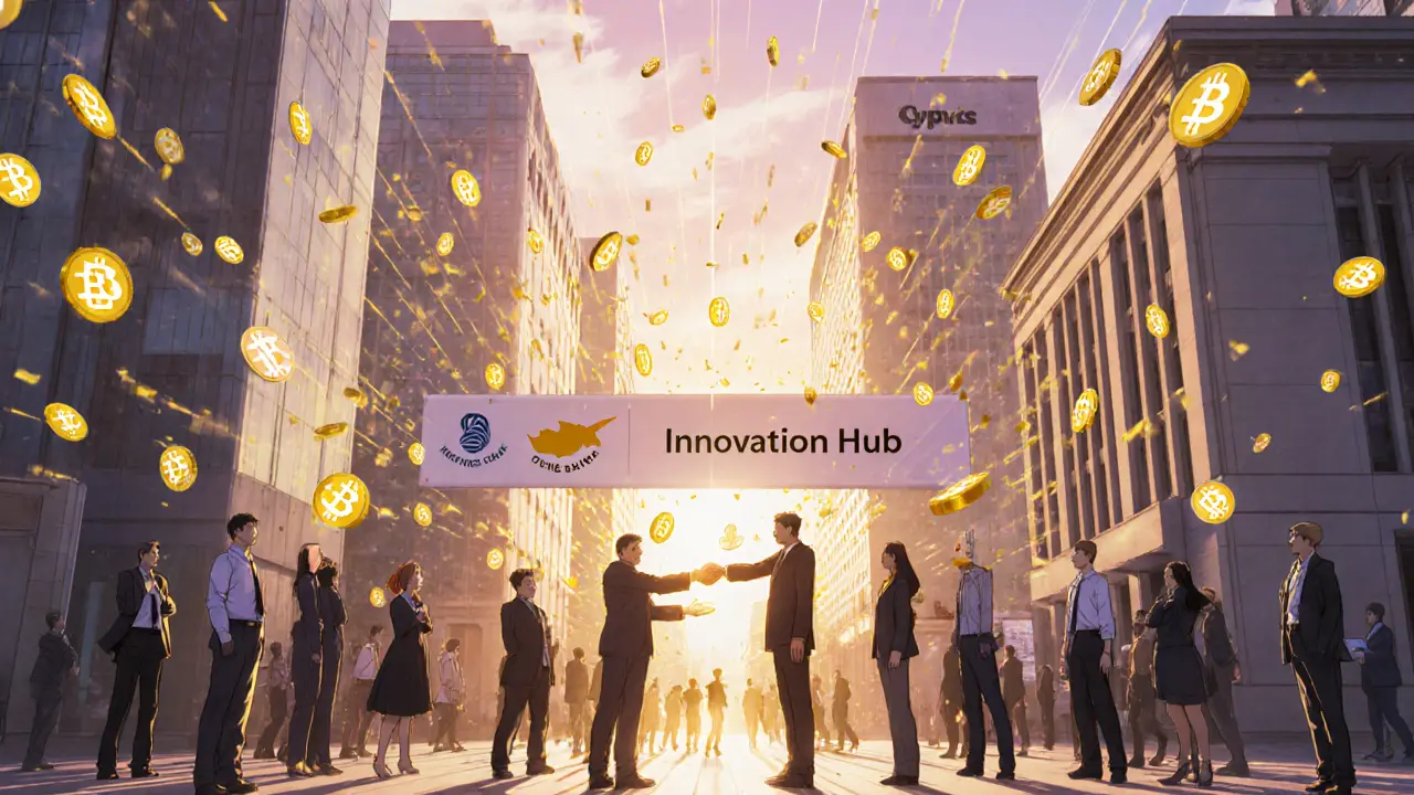 Vue anime d&#039;une ville chypriote avec des jetons numériques et des banques traditionnelles intégrés.