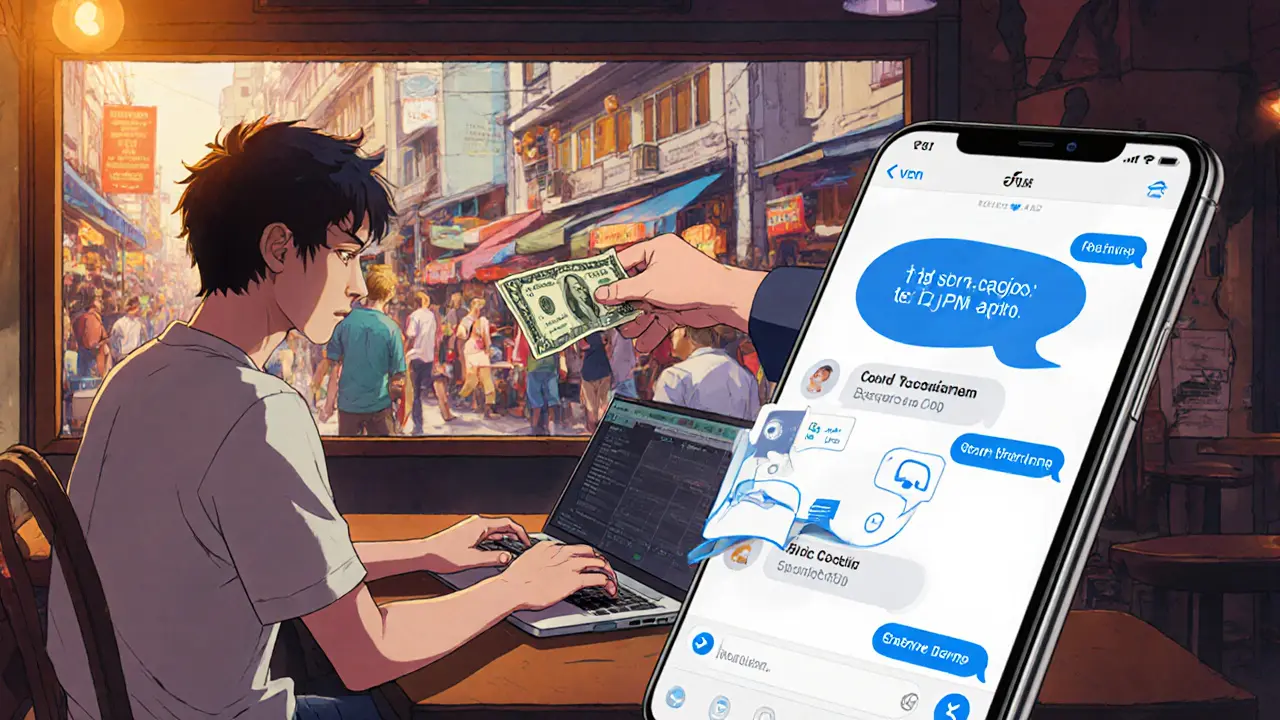 Young user buying crypto online, then exchanging cash via OTC in street market.
