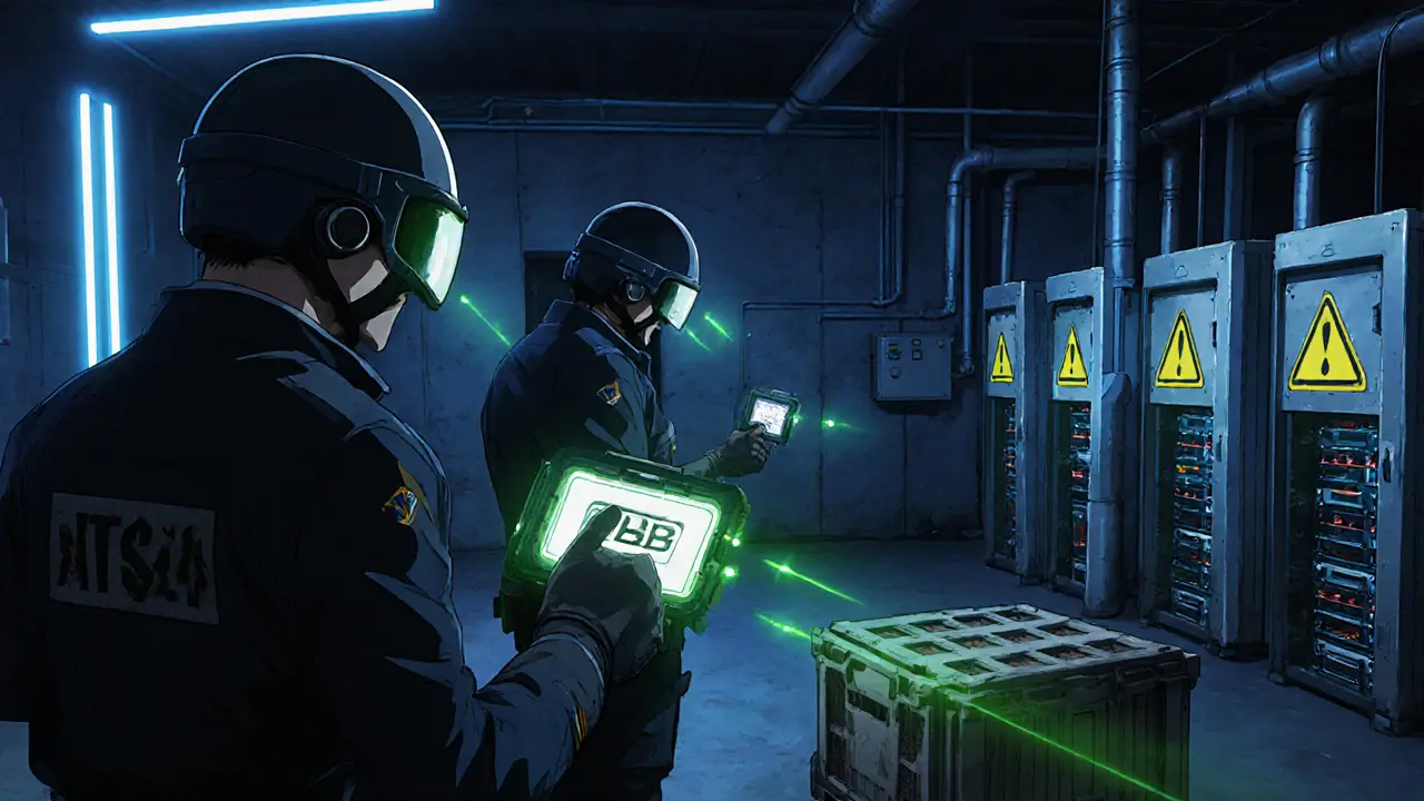 Agents du gouvernement inspectent une usine souterraine remplie de rigs ASIC cachés, éclairage néon bleu, style anime.