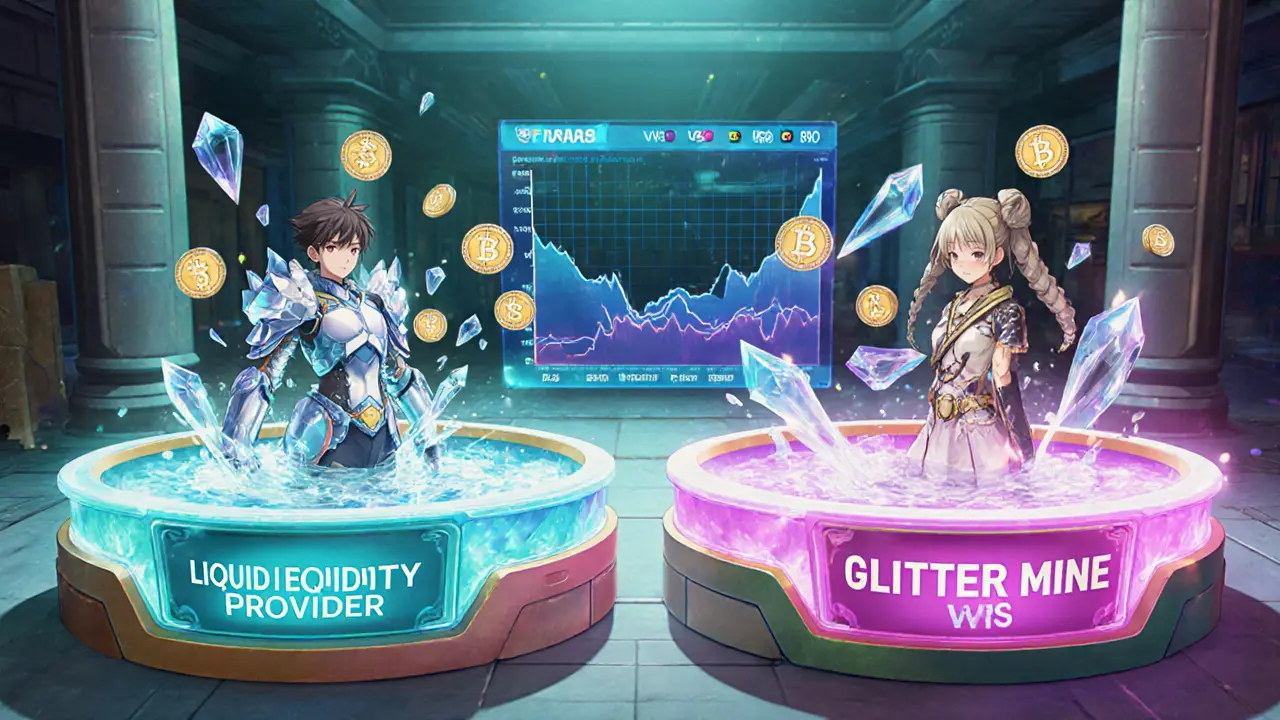 Avatars anime représentent les pools Crystal Farms et Glitter Mine avec des jetons VVS.
