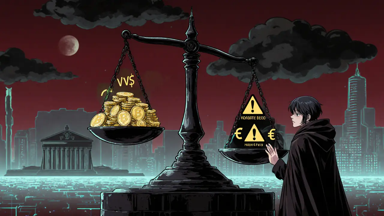 Échelle cyber‑punk montre les récompenses VVS d&#039;un côté et les risques de l&#039;autre.