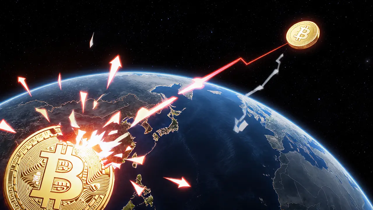 Flux de minage quittant la Chine vers l&#039;Amérique du Nord, Bitcoin fissuré et yuan numérique lumineux, style anime.