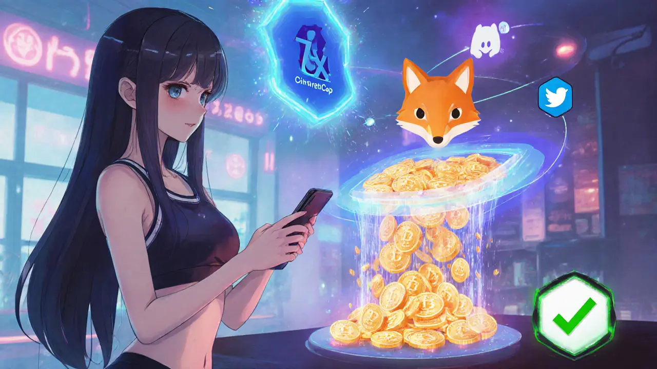 Girl anime reçoit une pluie de tokens TSX depuis son smartphone, avec logos CMC, Discord et Twitter.