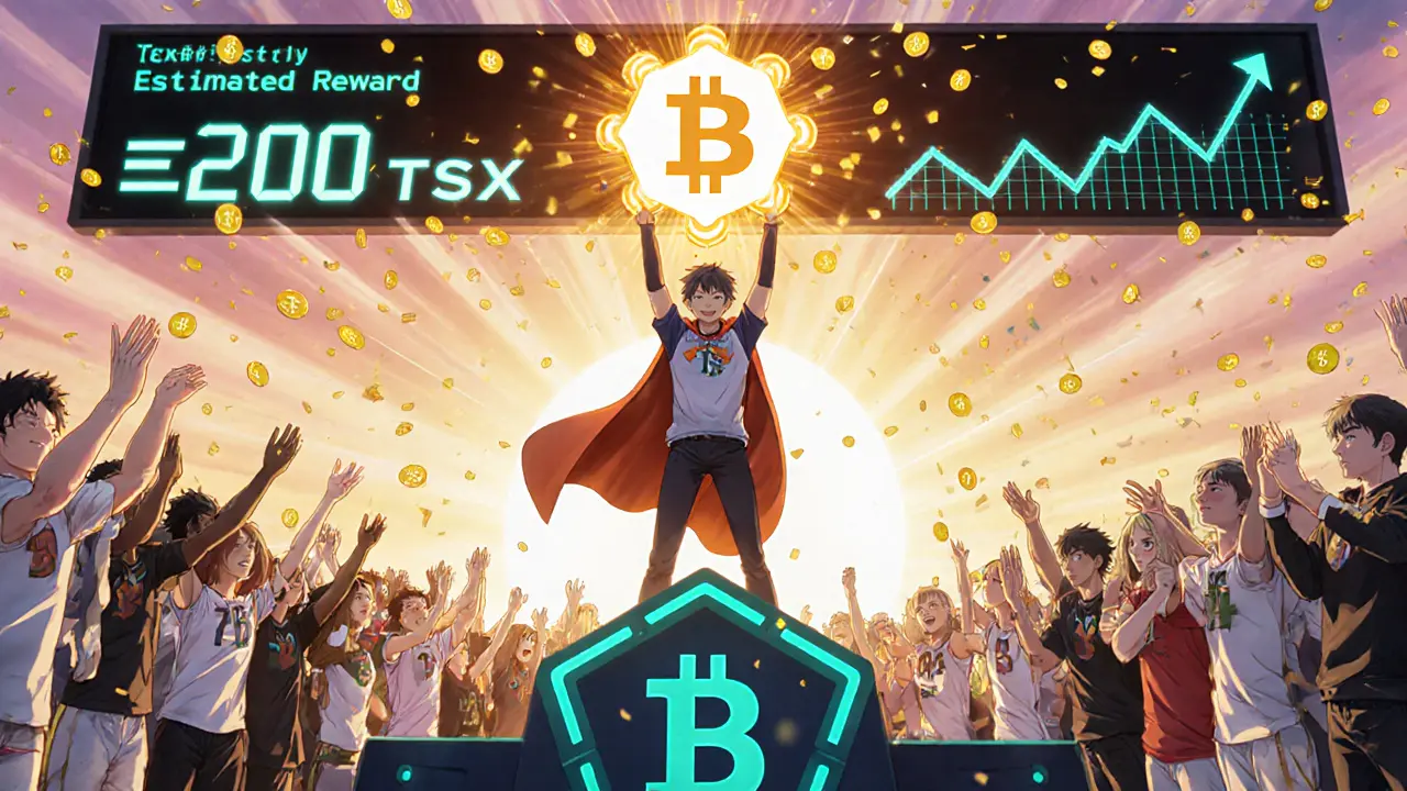 Héros anime célèbre la réception de TSX sur un podium, entouré d&#039;une foule de fans crypto.