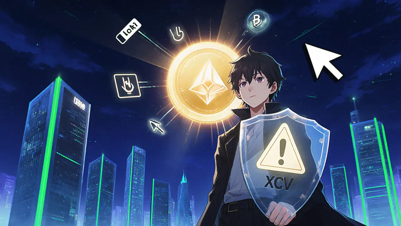 Personnage anime protégeant son portefeuille contre les arnaques, avec le token XCV en arrière‑plan.