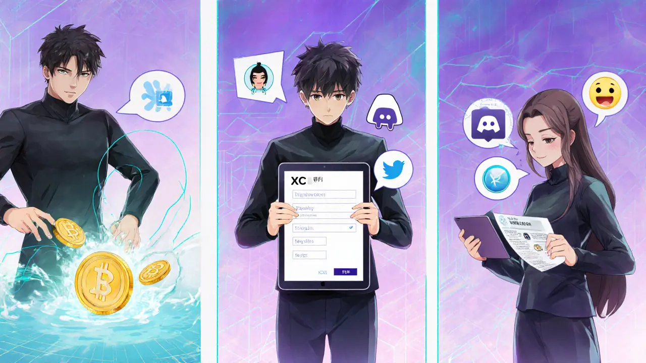 Scène anime montrant le staking, le KYC et l&#039;engagement sur Discord pour l&#039;airdrop XCV.