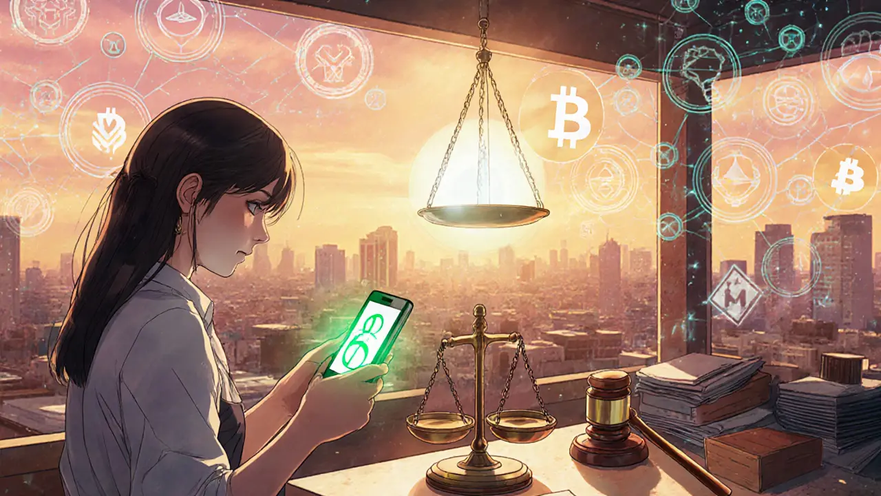 Artisan mexicain envoyant MXNT depuis son téléphone, balance montrant risque réglementaire.