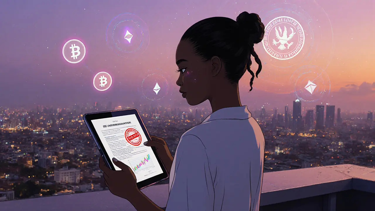 Jeune femme regardant les graphiques crypto au coucher du soleil sur Lagos.