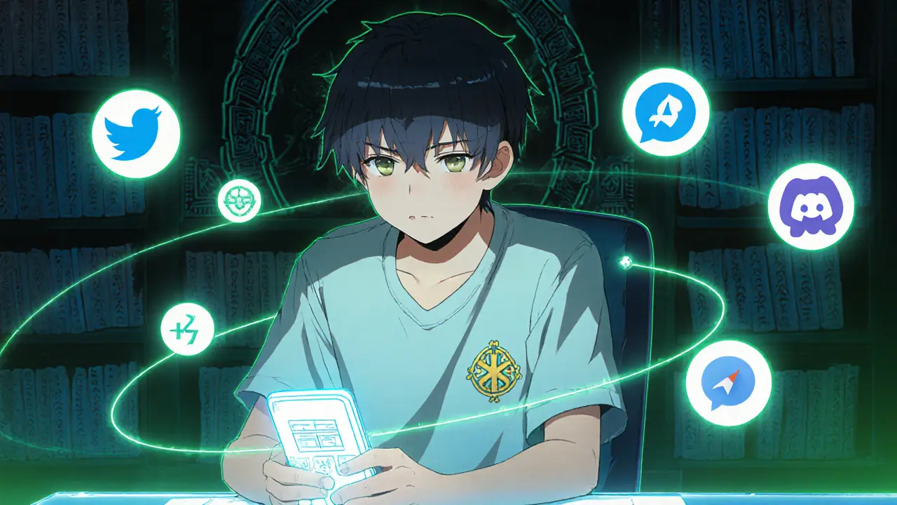 Jeune héros consultant son portefeuille BSC sur smartphone, entouré d&#039;icônes réseaux.