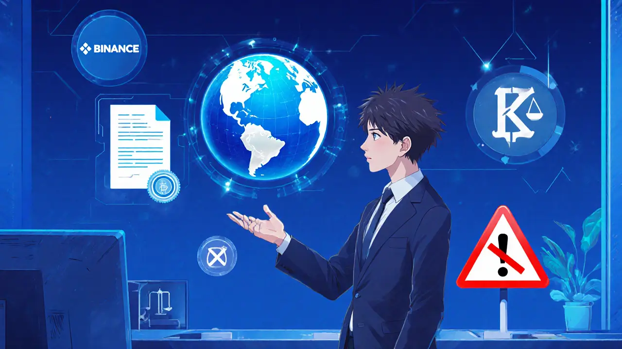 Personnage anime consulte un hologramme avec alternatives Binance, Kraken et avertissement VPN.