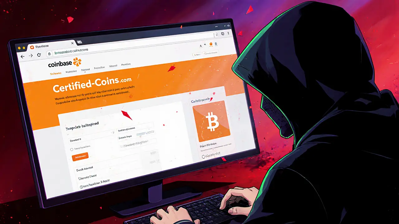 Site phishing anime imitant Coinbase avec masque hacker et alertes rouges.