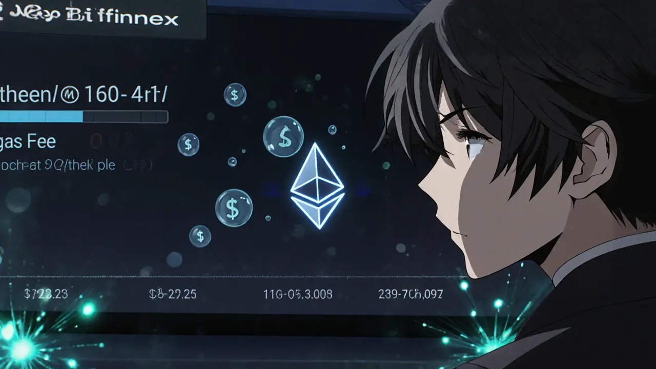 Trader anime anxieux regardant un faible volume de MXNT sur Bitfinex, avec des frais de gas.