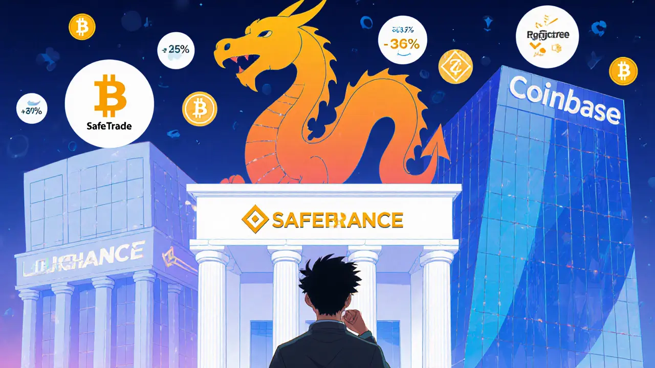 Trader comparant les bâtiments de SafeTrade, Binance et Coinbase avec des bulles d&#039;information.