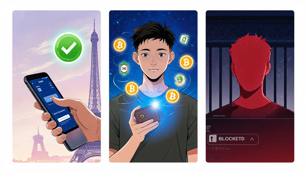 Trois panneaux anime montrent accès complet, accès limité et accès bloqué de Coinbase selon le pays.