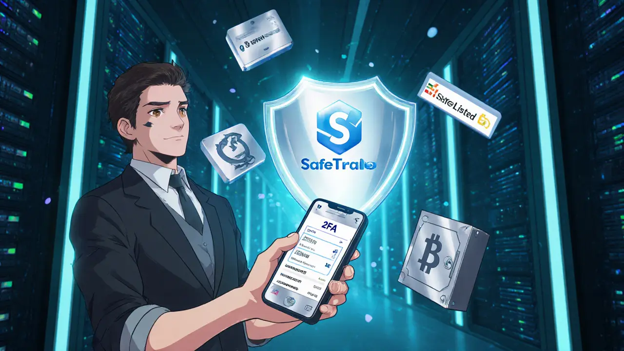 Utilisateur montrant la double authentification avec un bouclier SafeTrade et des icônes de portefeuille froid.