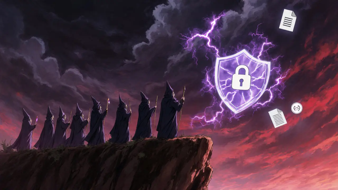 Wizards face à une tempête magique, avec un bouclier anti‑phishing et des symboles de frais.