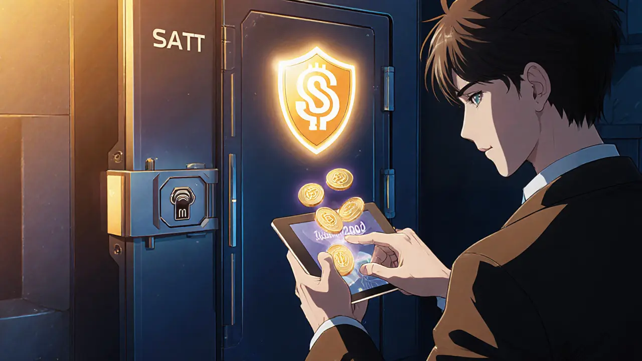 Coffre numérique sécurisé, portefeuille SATT et tokens 200 SATT en cascade.