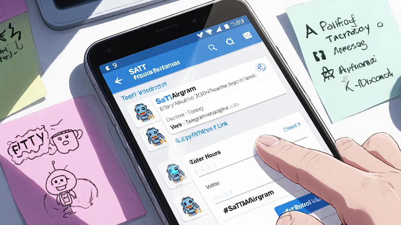 Téléphone montrant le bot Telegram SaTT, icônes de réseaux et lien de parrainage.