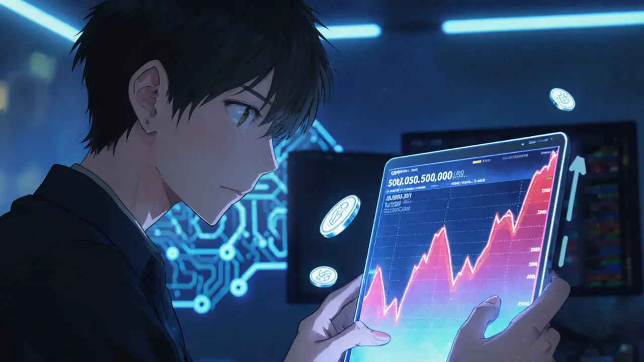 Trader anime regardant un graphique holographique de chute d&#039;IQ50.