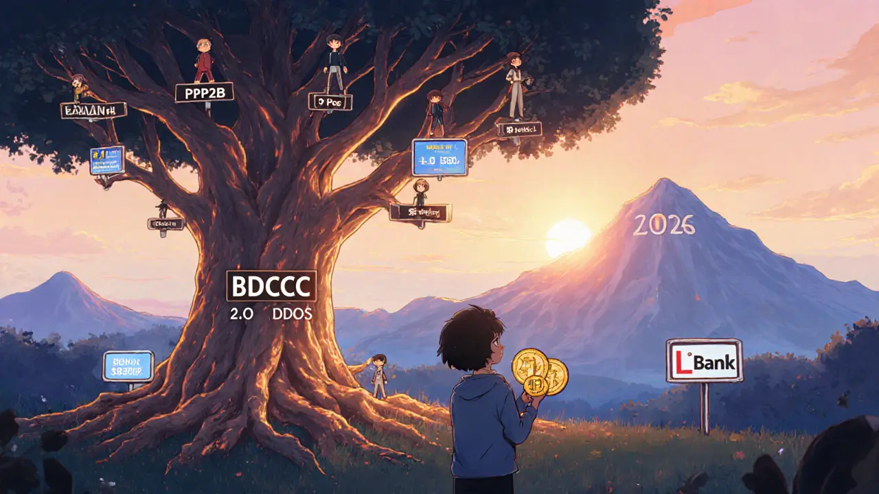 Un arbre blockchain lumineux s&#039;étend vers des bourses, avec des utilisateurs qui stakent des jetons sous un lever de soleil.