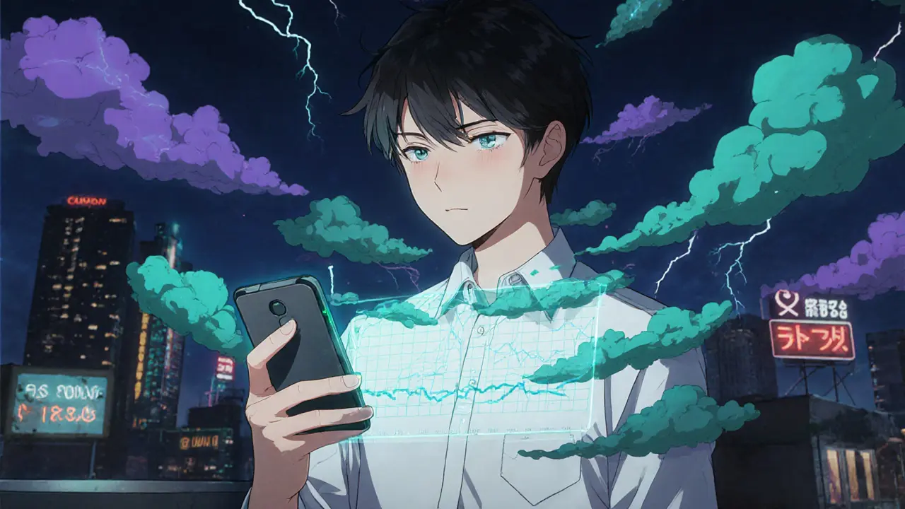 Adolescent avec un téléphone SAGA montrant PengyOS sous un ciel nuageux.