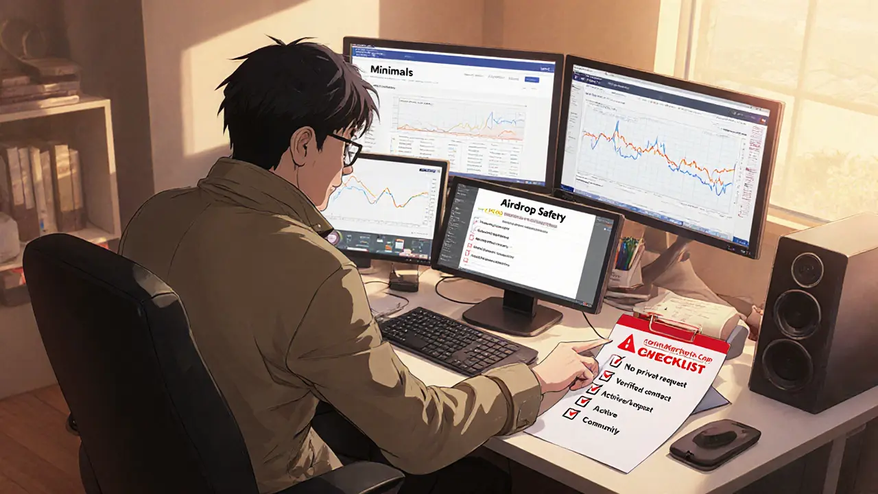 Analyste anime vérifiant un écran avec le site officiel, BscScan et une checklist de sécurité d’airdrop.