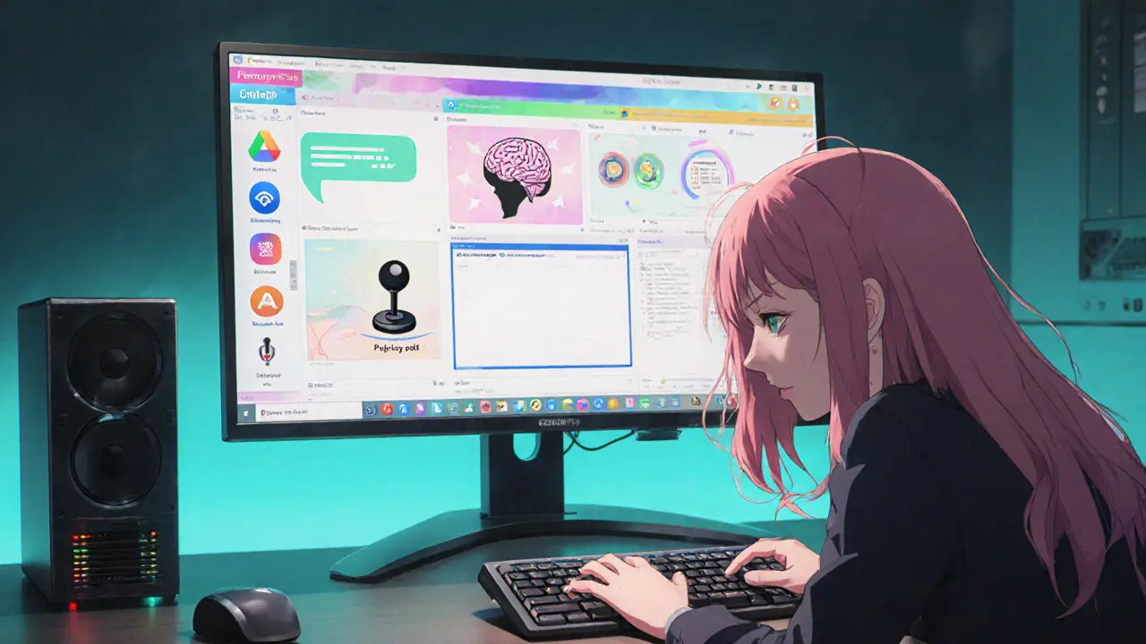 Bureau anime avec l'interface PengyOS affichée sur un écran éclatant.