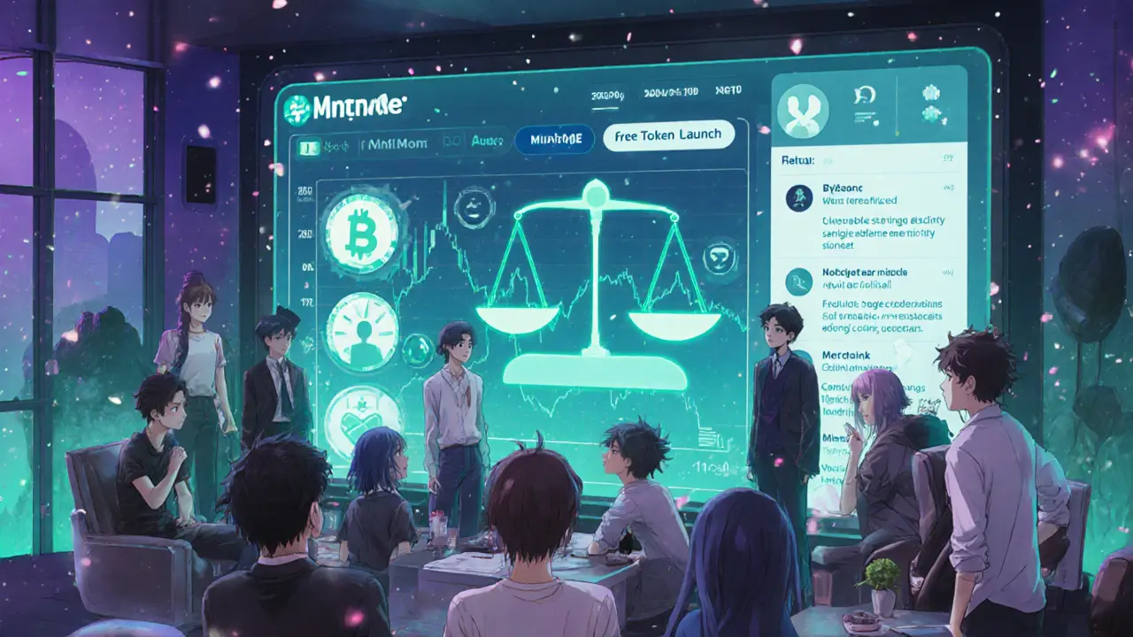 Communauté anime autour d&#039;un hologramme montrant le prix du token MINTME et un fil d&#039;actualité.