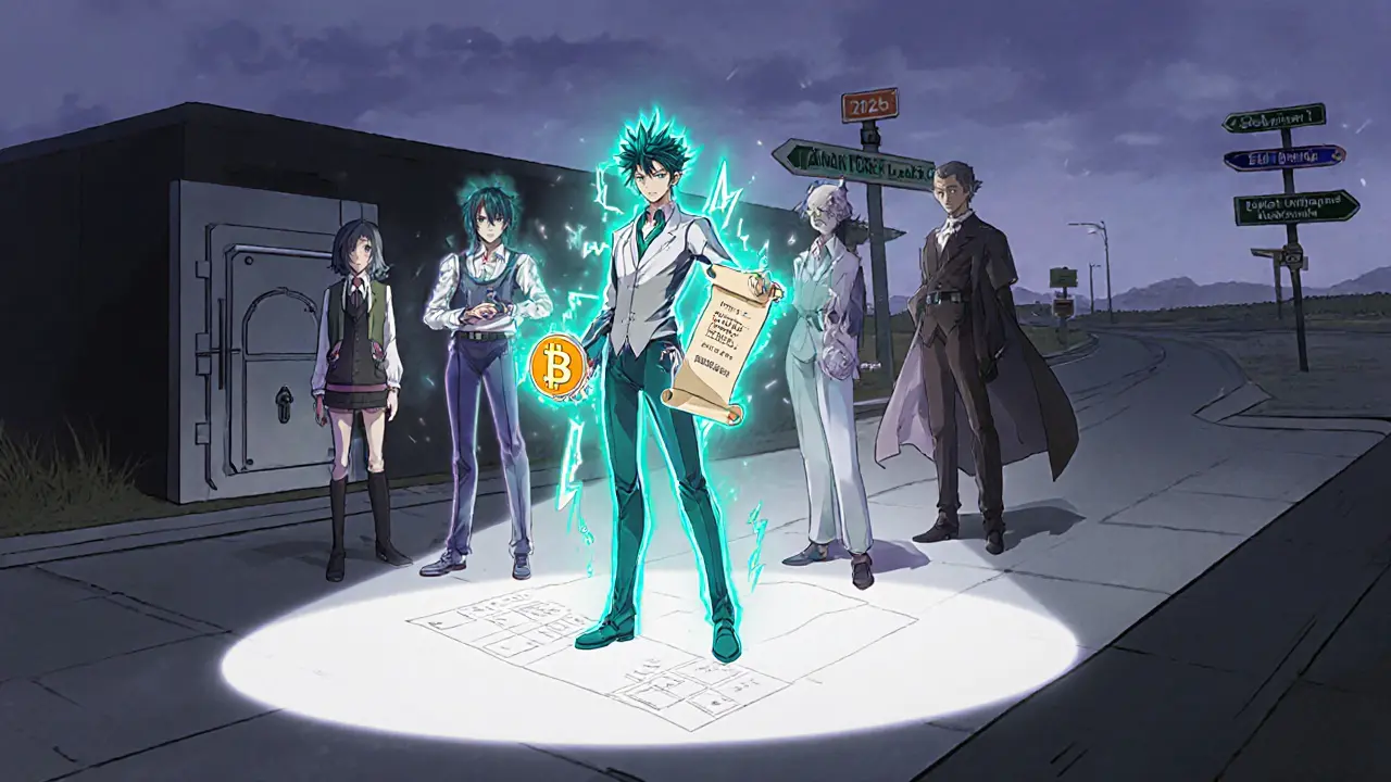 Comparaison illustrée des portefeuilles crypto avec UniSat mis en évidence, entouré de désavantages et de la feuille de route.