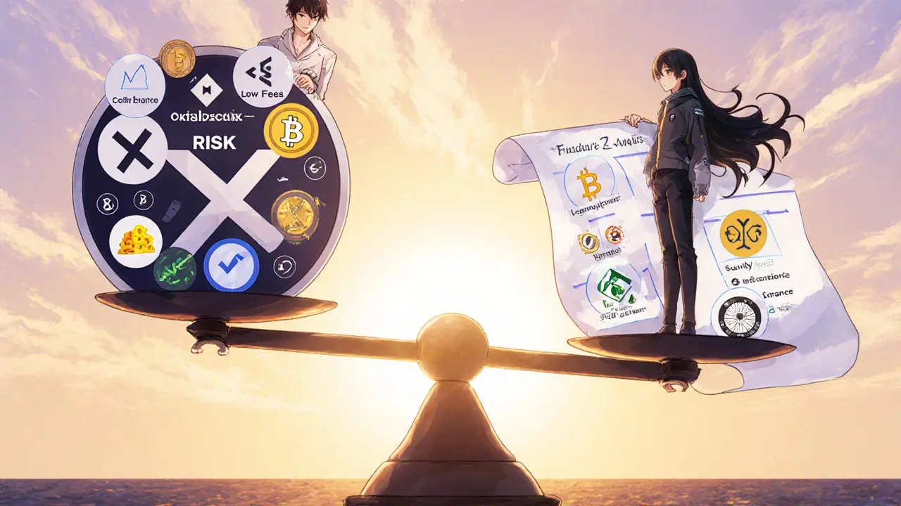 Deux personnages anime sur une balance comparant Xave et les exchanges centralisés, avec une feuille de route en arrière‑plan.