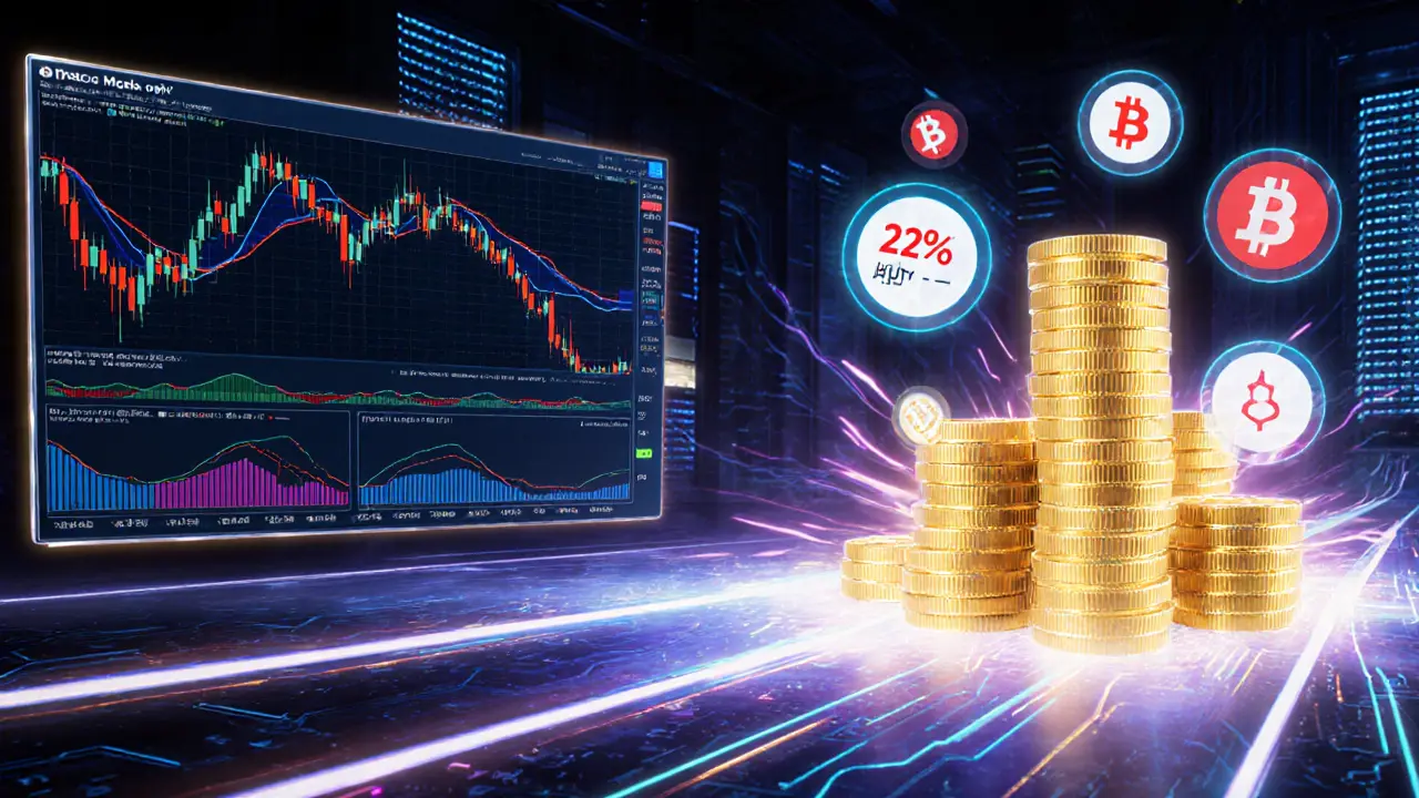 Écran anime montrant chandeliers, carnet d'ordres et icône de gains BitCoke Earn.
