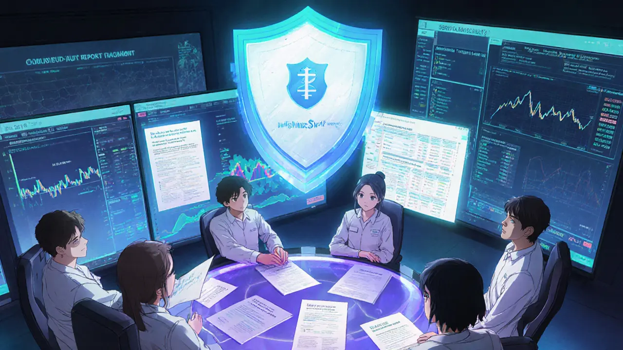 Équipe anime analysant des audits de sécurité et une feuille de route dans une salle de contrôle high-tech.